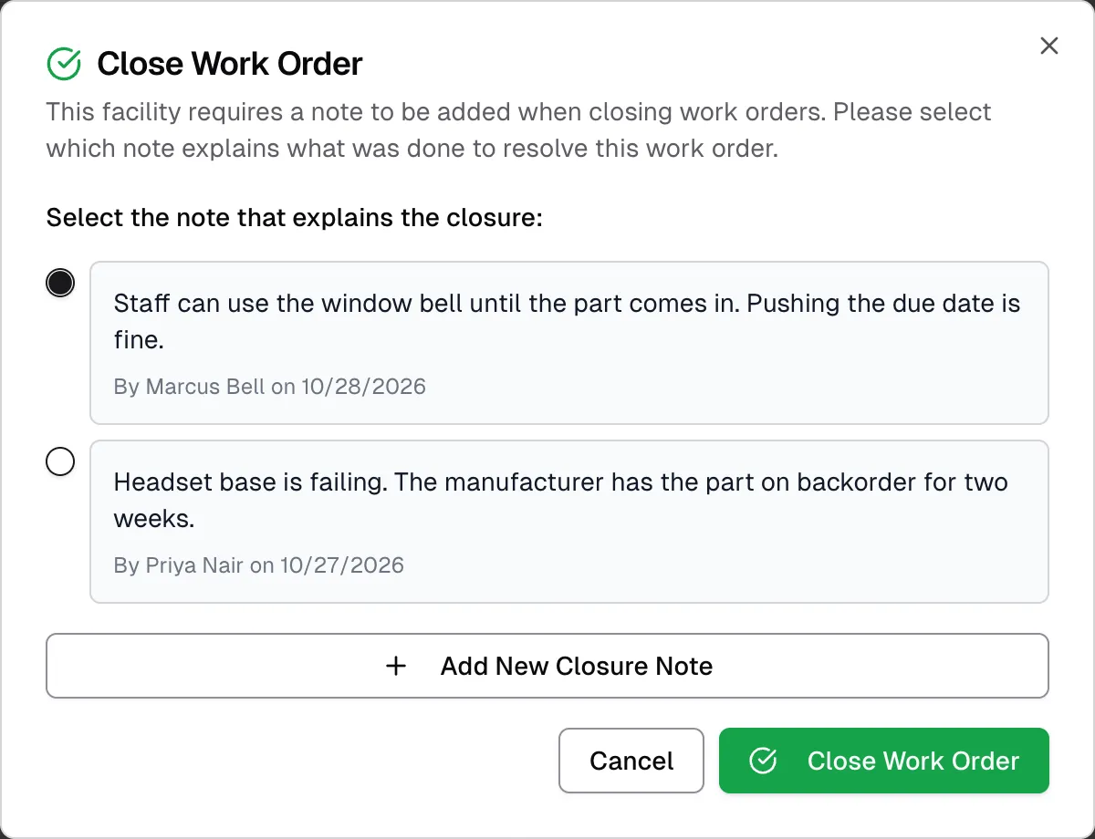 The Close Work Order window at Kerning City Pharmacy with two notes listed and one selected