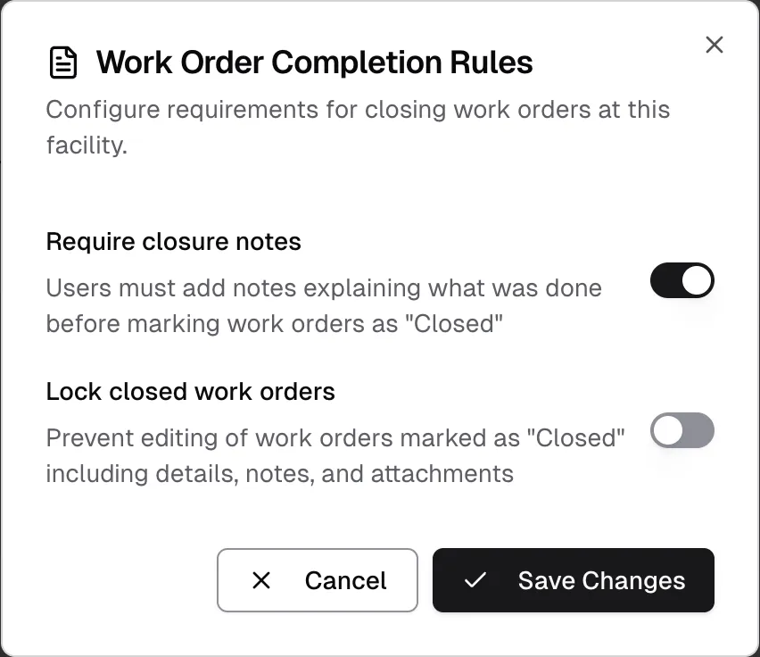 The Work Order Completion Rules window for Kerning City Pharmacy with Require closure notes turned on
