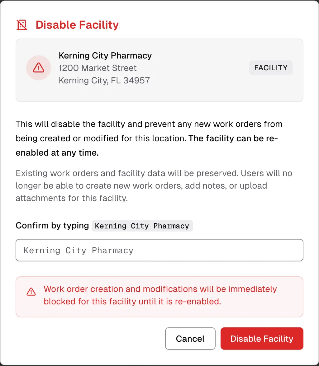 The Disable Facility window for Kerning City Pharmacy, with the facility name typed into the confirmation box