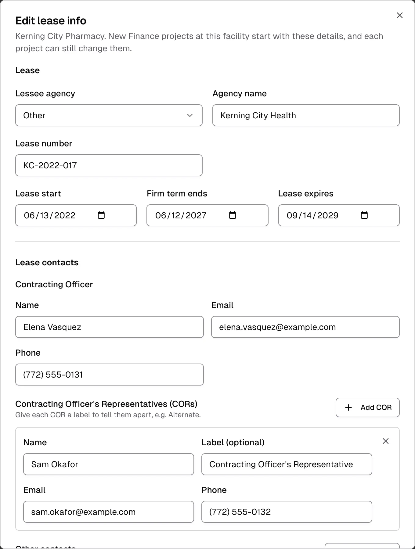 The Edit lease info window for Kerning City Pharmacy, filled in with a sample lease and made-up contacts