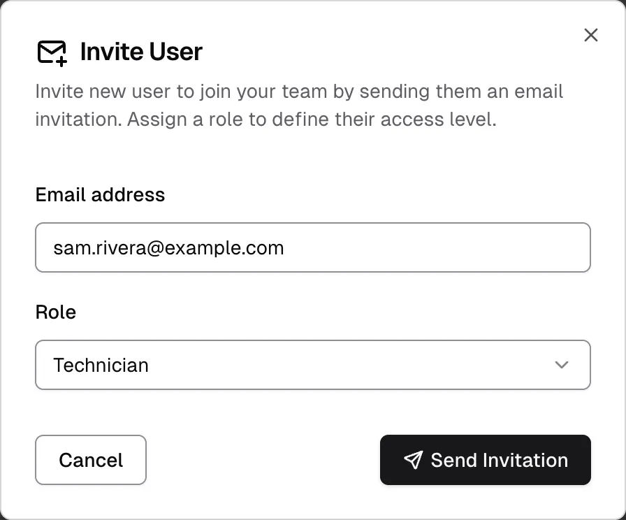 The Invite User dialog with a sample email address and the Technician role selected