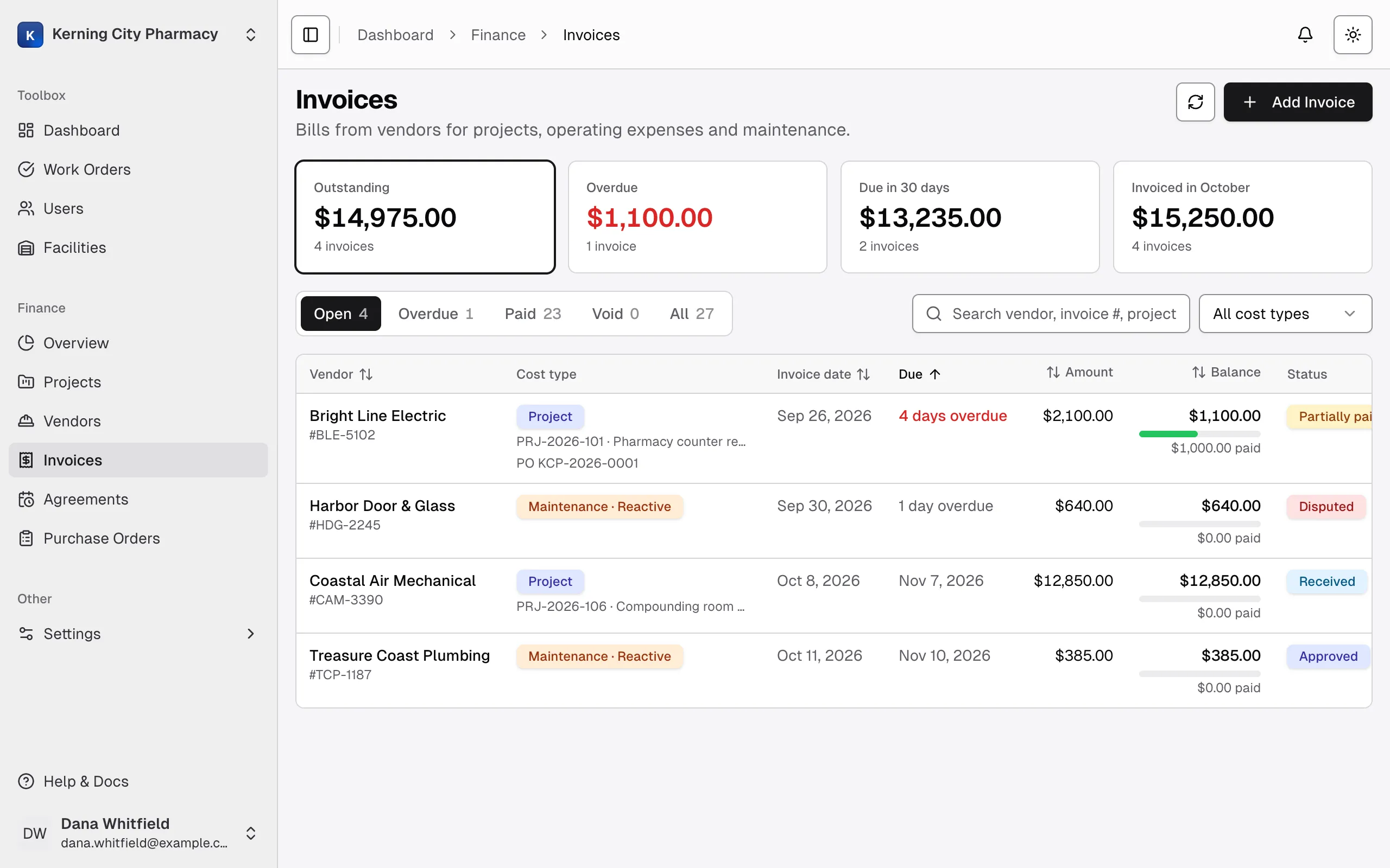 The Invoices page for Kerning City Pharmacy on the Open tab, showing the summary cards and a few sample vendor invoices