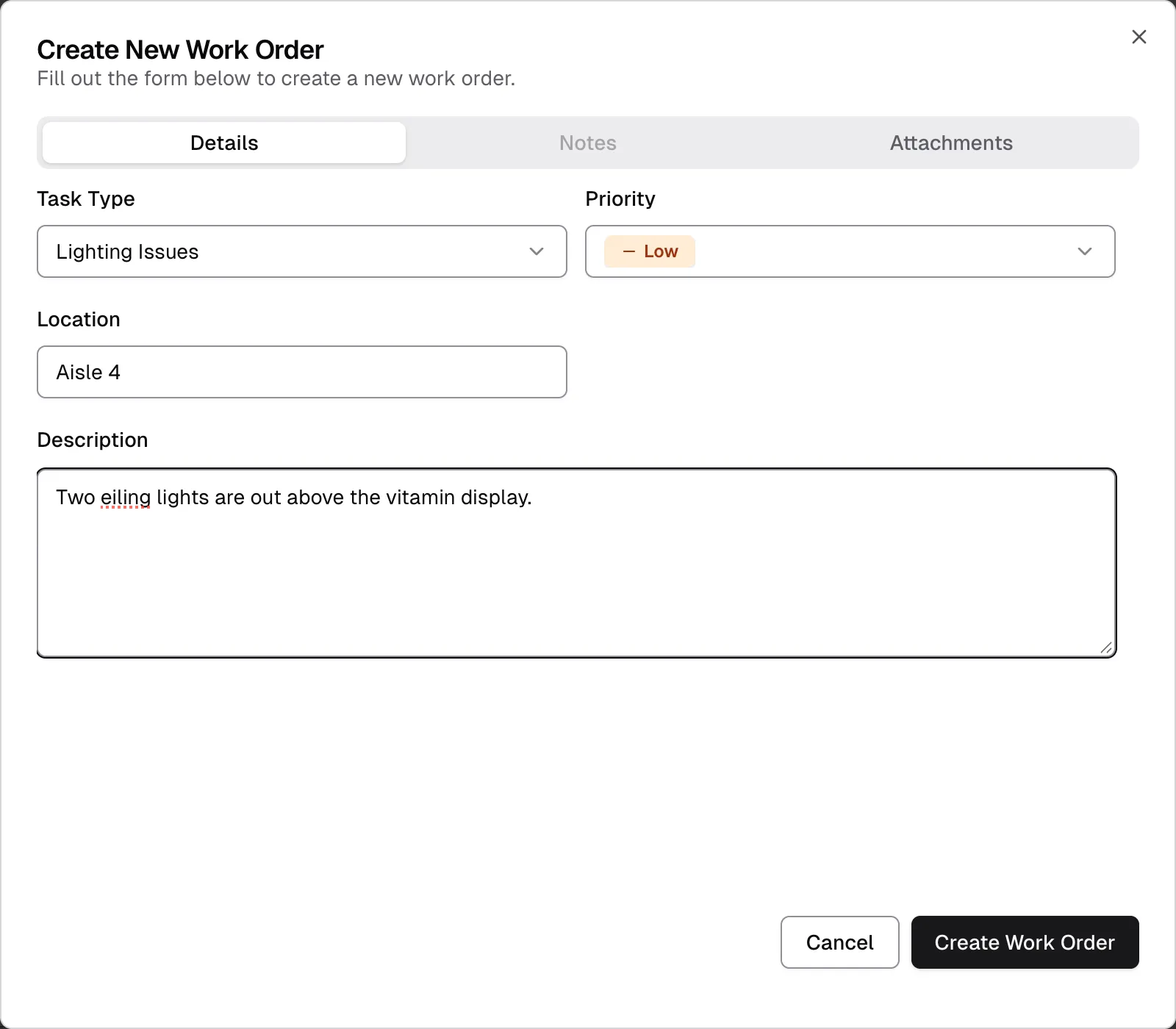 The Create New Work Order window at Kerning City Pharmacy, filled in with a sample request for a broken light in the stock room
