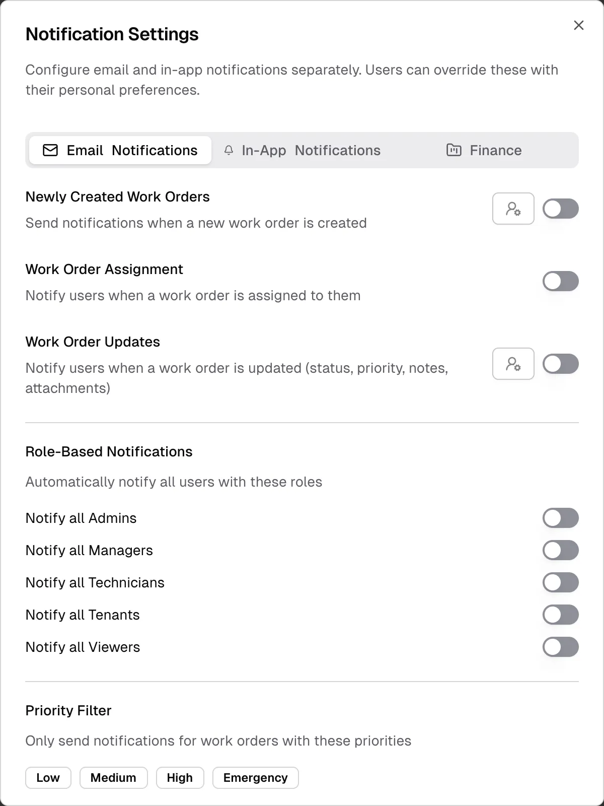 The Notification Settings window for Kerning City Pharmacy on the Email Notifications tab, with Newly Created Work Orders on and two users selected