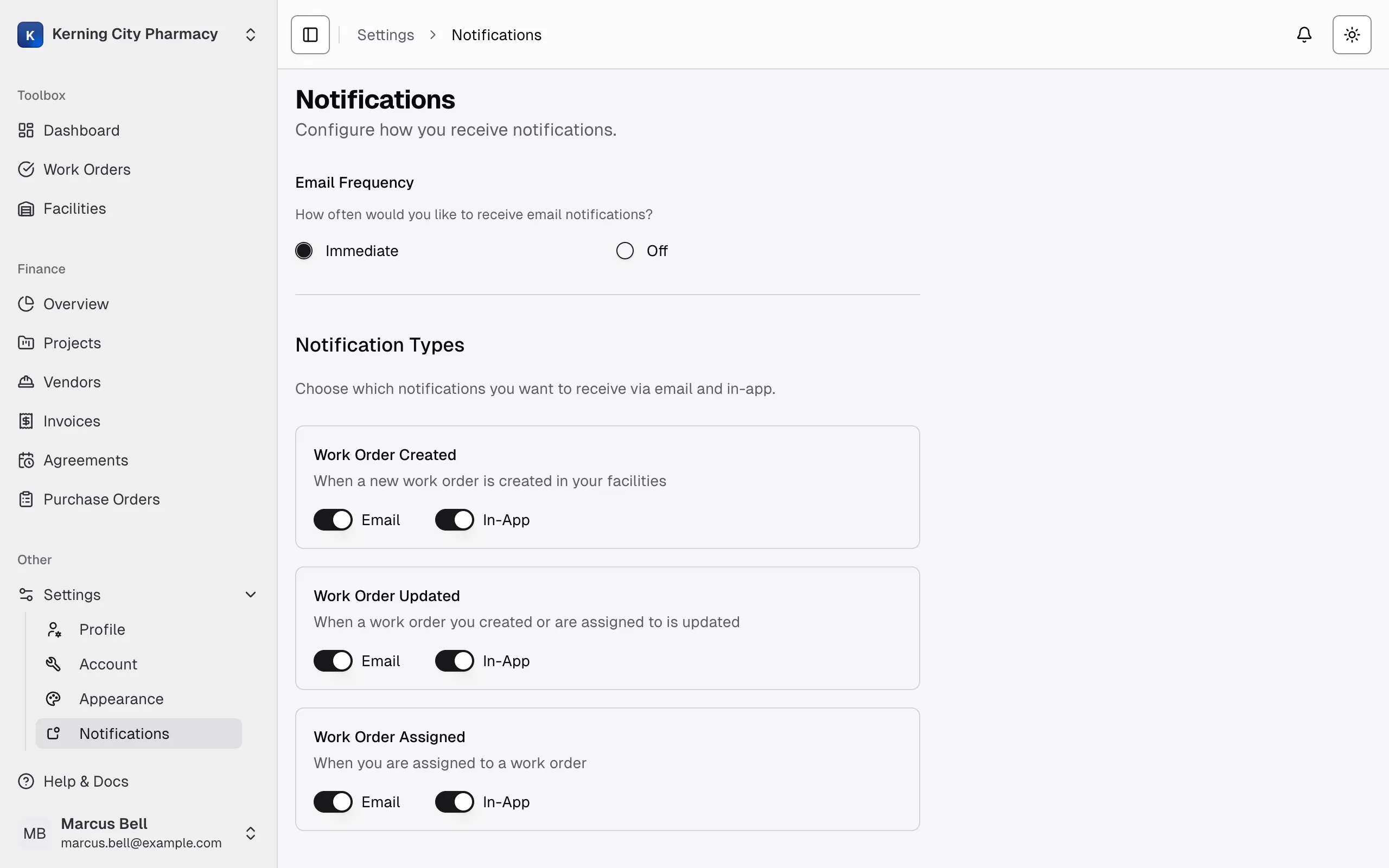 Settings, Notifications page as a Manager at Kerning City Pharmacy, showing Email Frequency and the three Notification Types cards