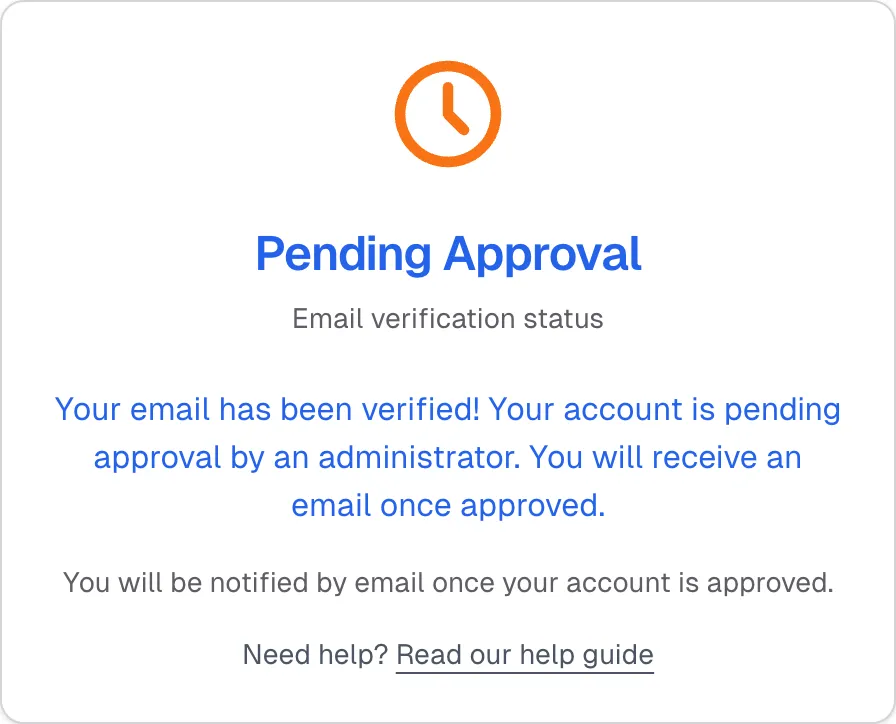 The Pending Approval page shown right after verifying an email address
