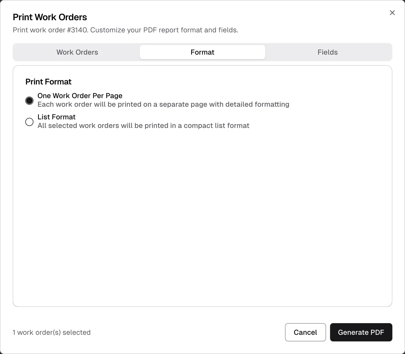 The Print Work Orders window on the Format tab with one work order selected