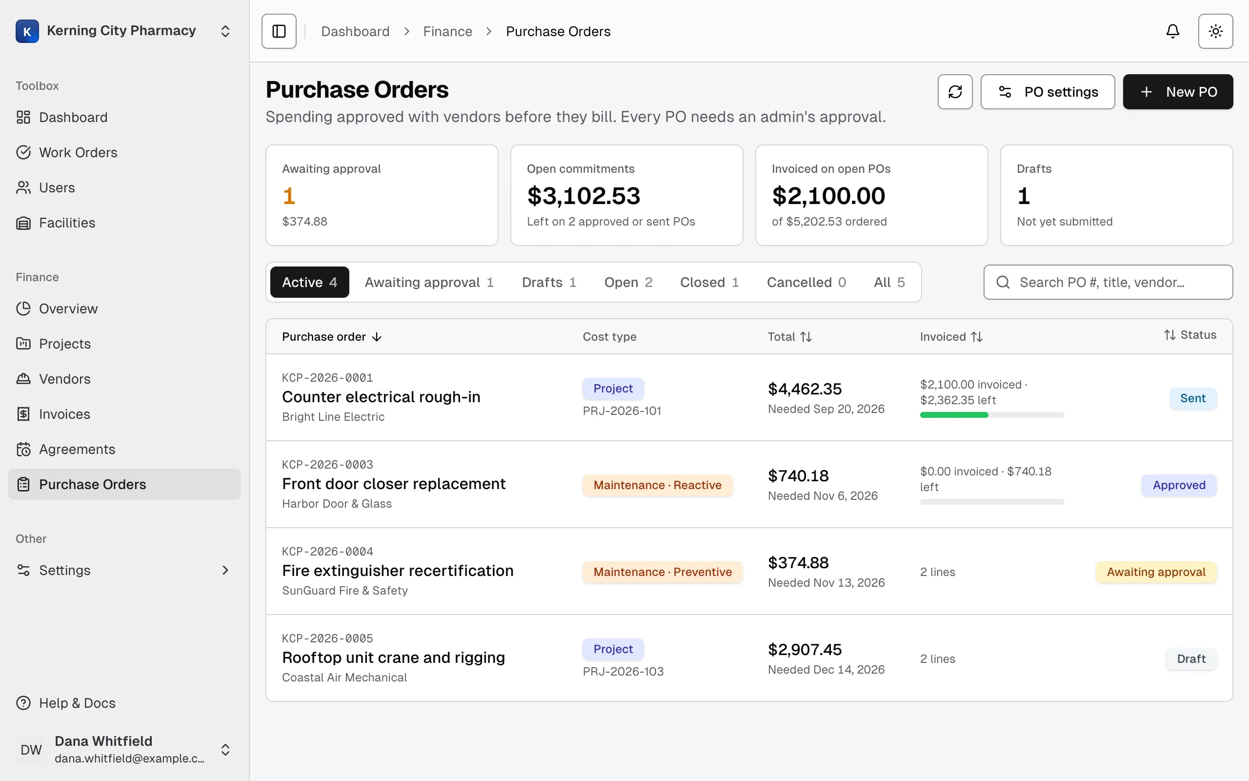 The Purchase Orders page for Kerning City Pharmacy, showing the summary cards, status tabs and a few sample POs