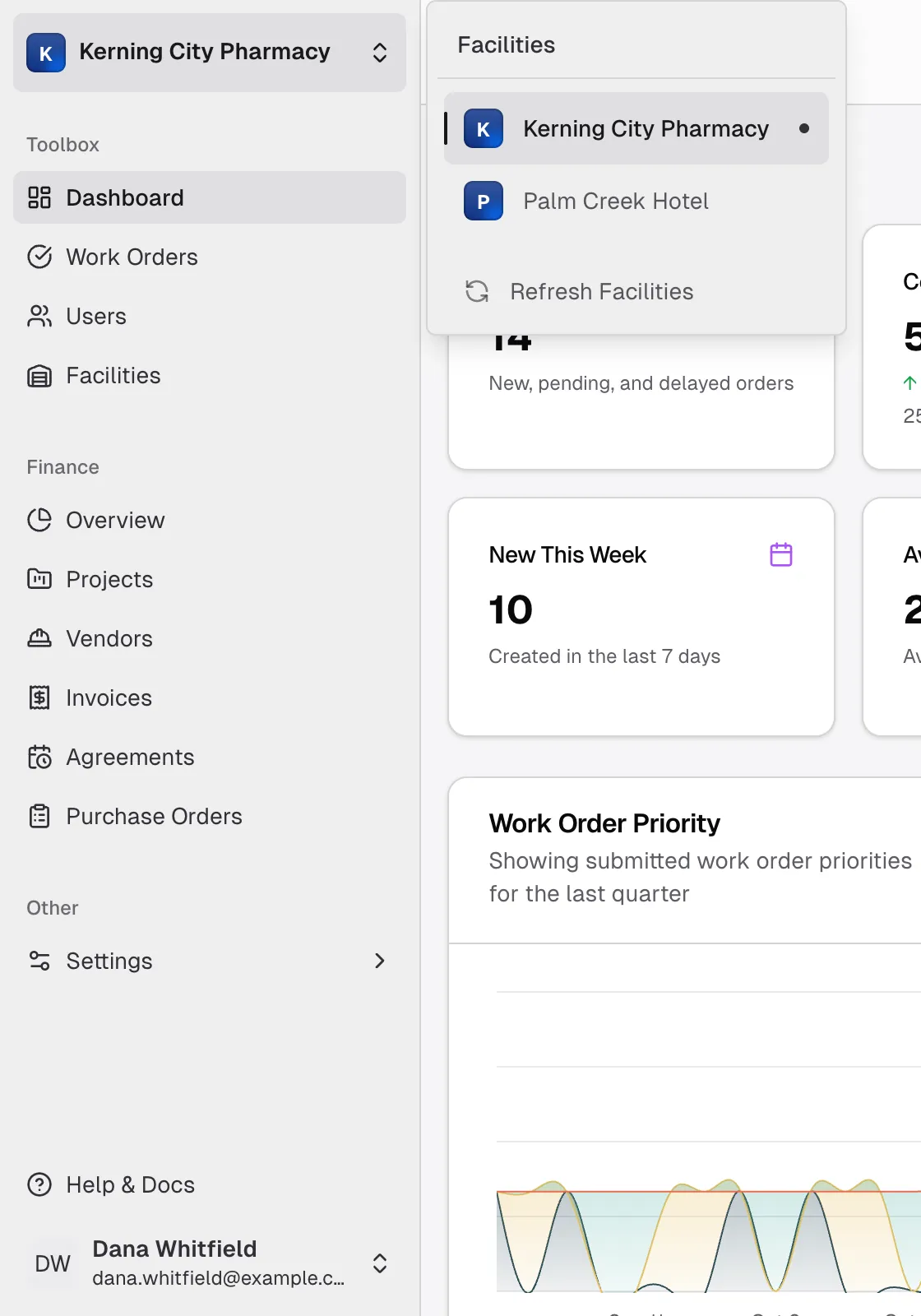 The sidebar as an Admin, with the facility switcher open and listing Kerning City Pharmacy and Palm Creek Hotel