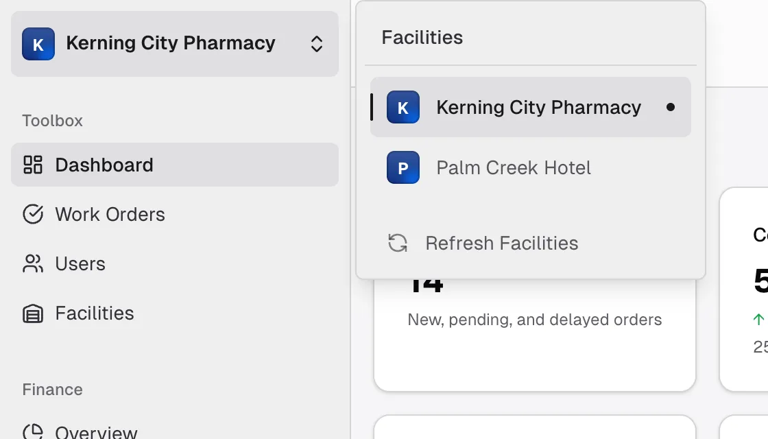 The facility switcher open, listing Kerning City Pharmacy and Palm Creek Hotel, with Refresh Facilities at the bottom